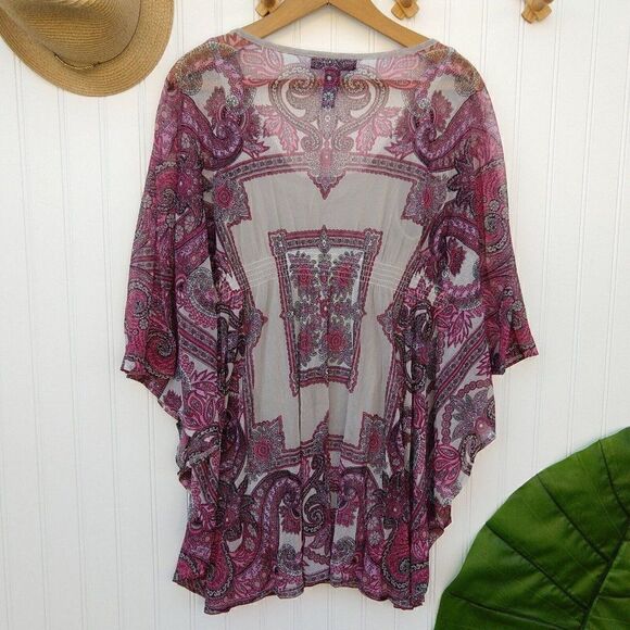Y2K Mesh Batwing Sleeve Top Size M Pink Paisley Print Embellished Vintage Womens - Picture 6 of 9